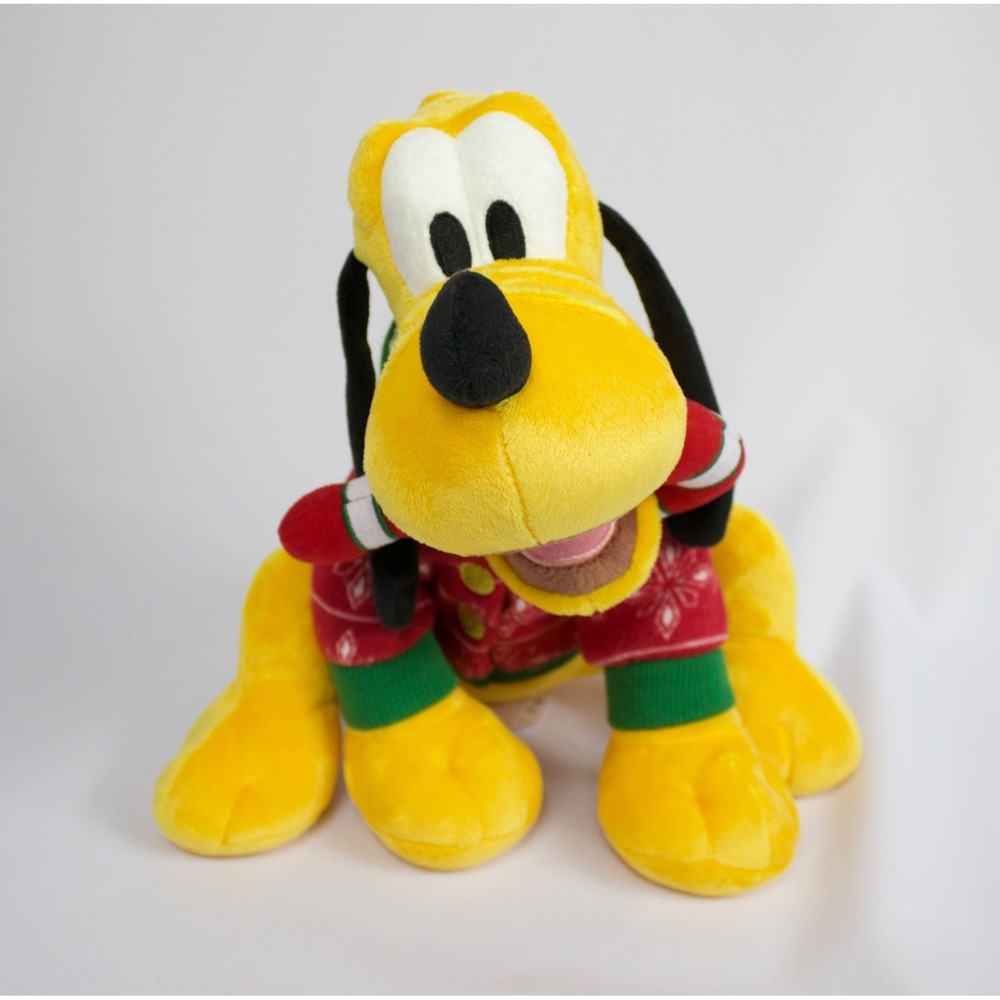 Disney Store Christmas Pluto Plush Stuffed Animal with Candy‎ Cane & Sweater 14"